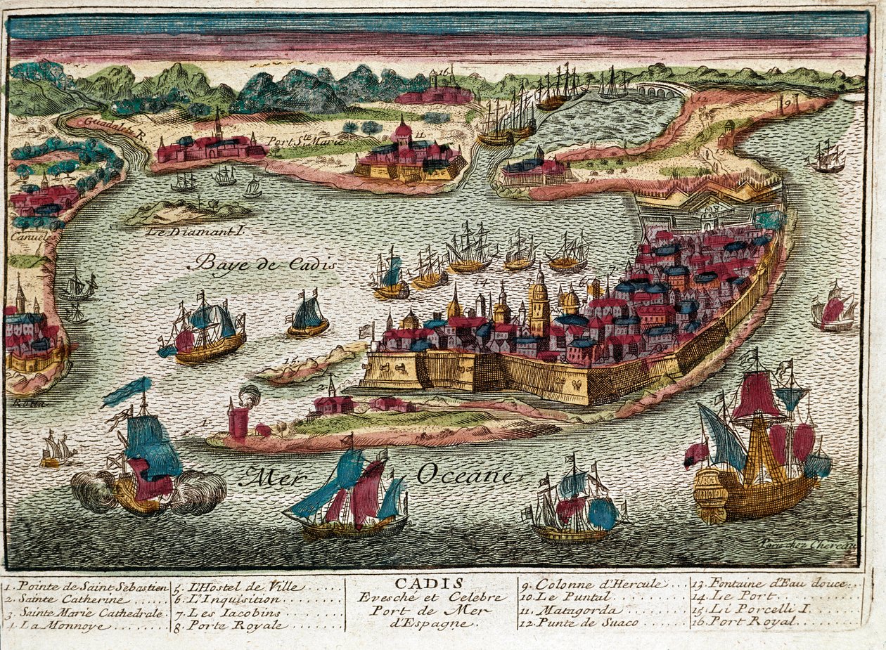 Kart over Cadiz - Spania (gravering av Franz Hogenberg