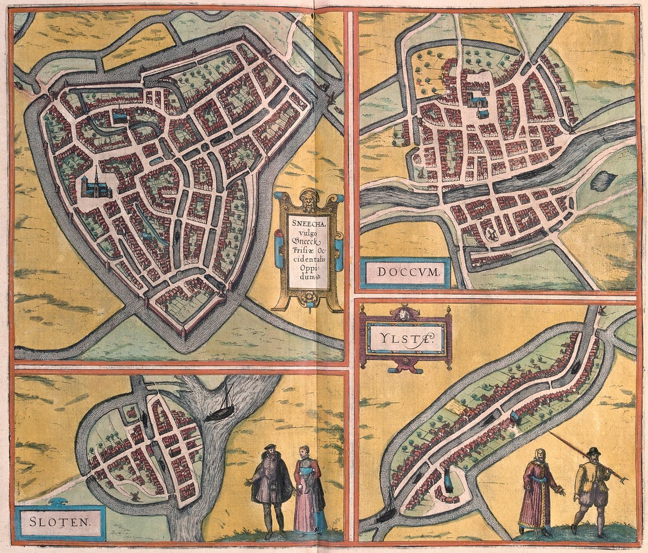 Sneek, Dokkum, Sloten, Ijlst, Nederland (gravering av Franz Hogenberg