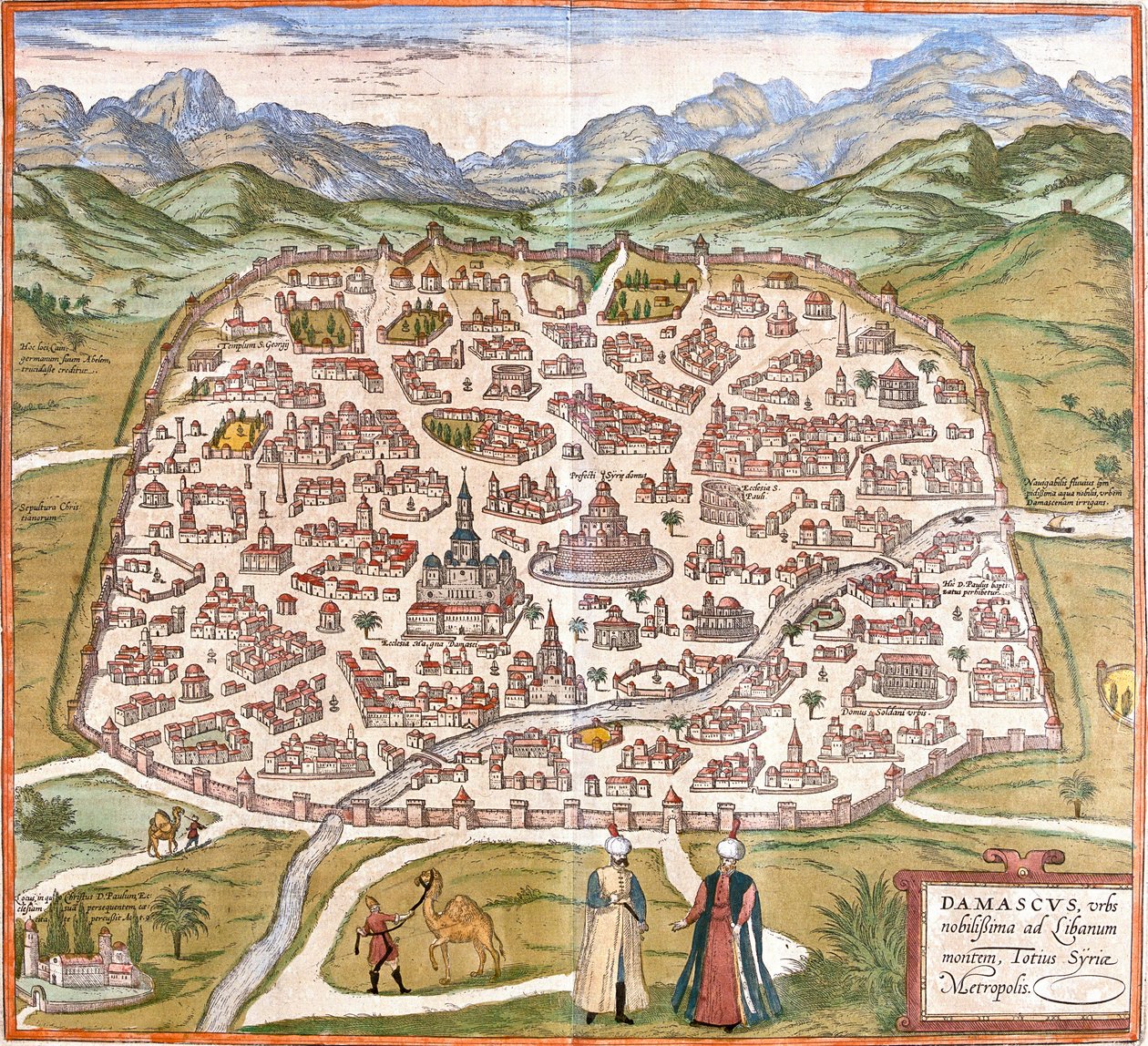 Utsikt over Damaskus (Damaskus), Syria (radering av Franz Hogenberg