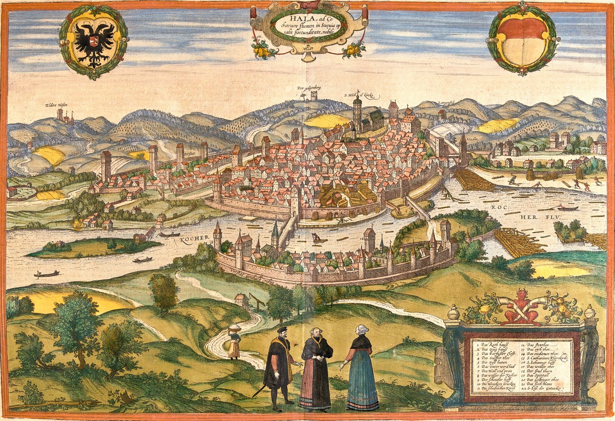 Utsikt over Schwäbisch Hall (Hala), Tyskland (radering av Franz Hogenberg