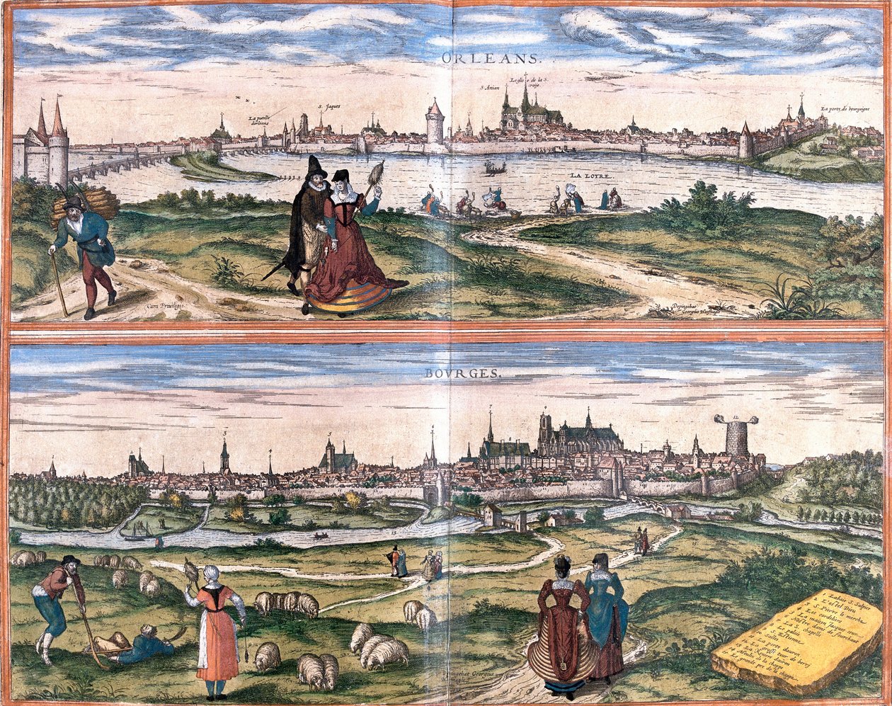 Utsikt over Orleans et Bourges, Frankrike (etsing av Franz Hogenberg