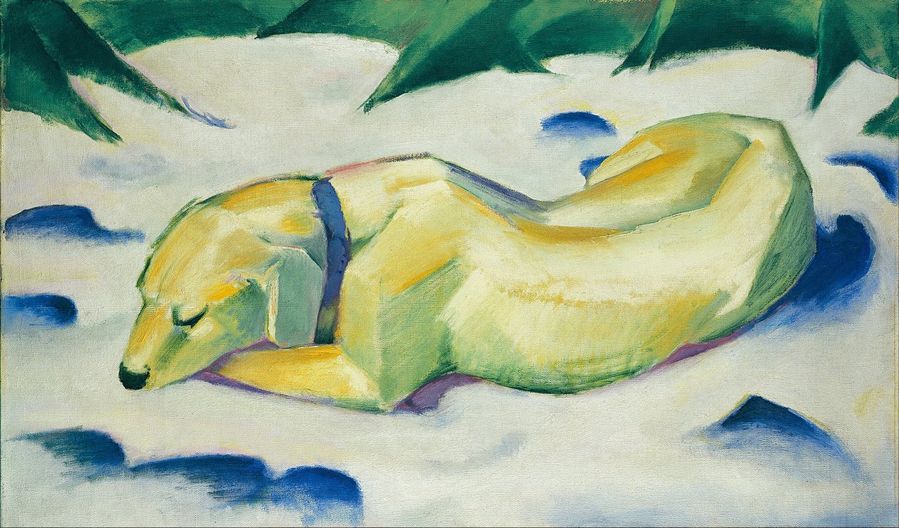 Hund som ligger i snøen av Franz Marc