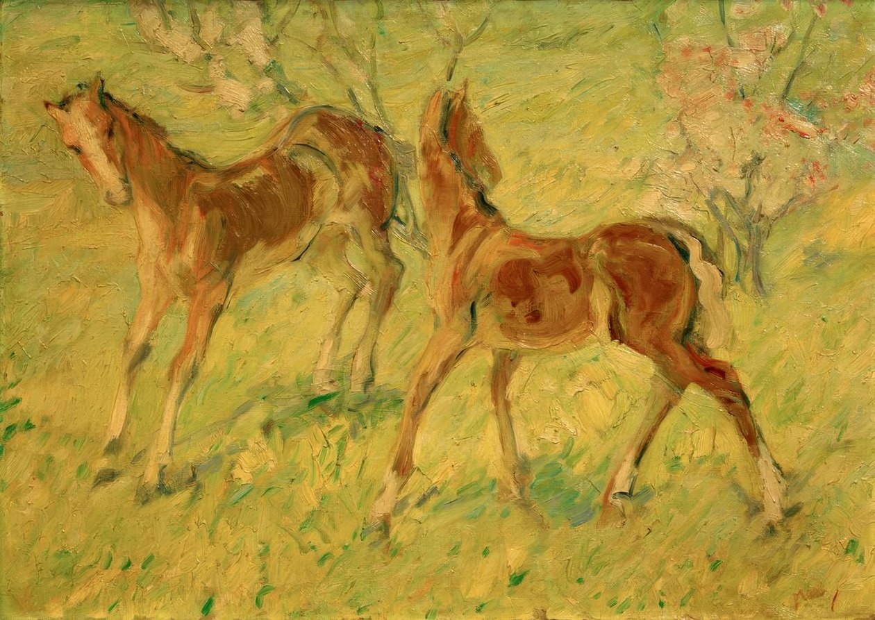 Føll på beite (hoppende føll) av Franz Marc
