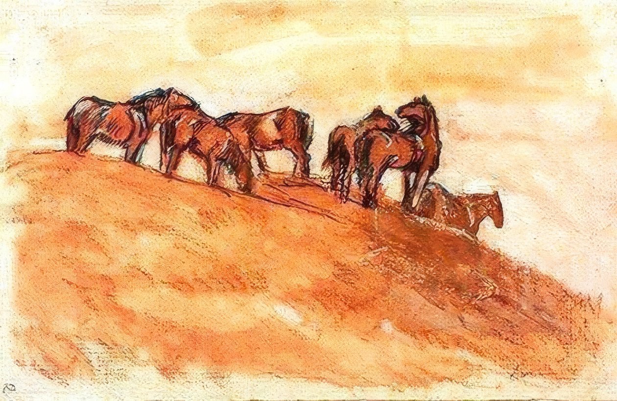 Hester som står mot luften i fjellhøyde av Franz Marc