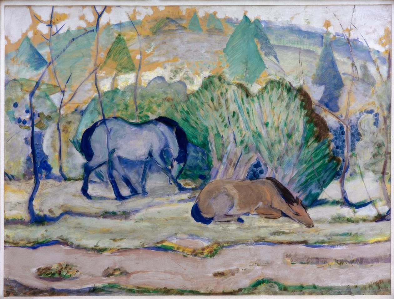 Hester på beite (hester i landskap) av Franz Marc