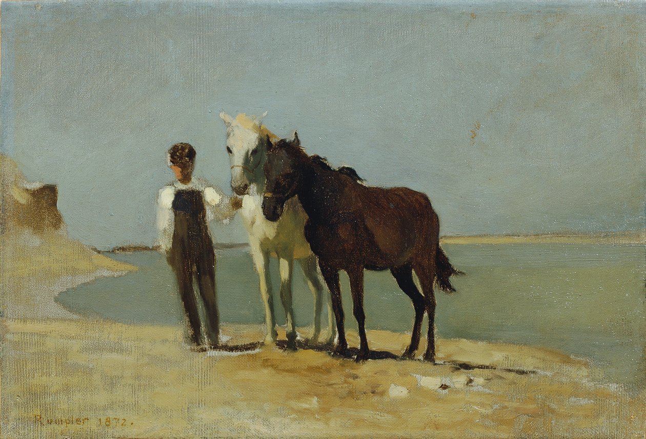 En gutt med hester på stranden av Franz Rumpler