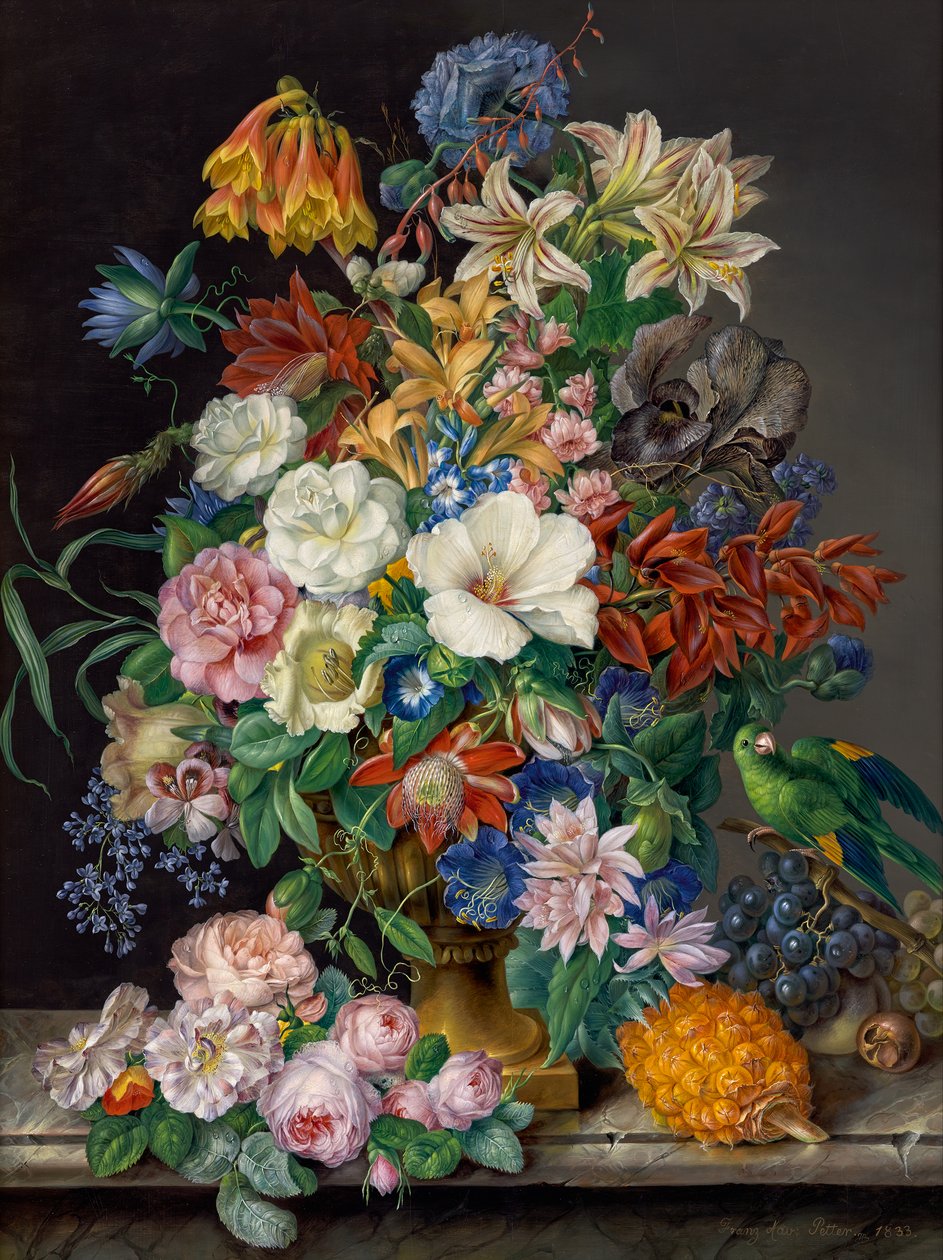 Blomsterstykke med ananas, druer og papegøye av Franz Xaver Petter