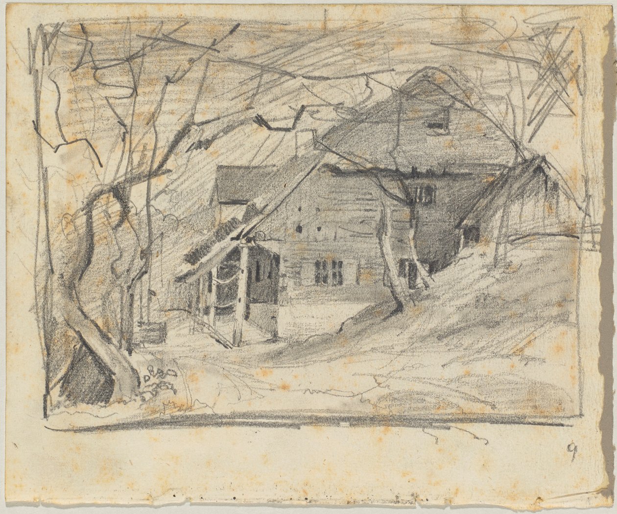Husmannsplass under nakne trær av Franz von Lenbach