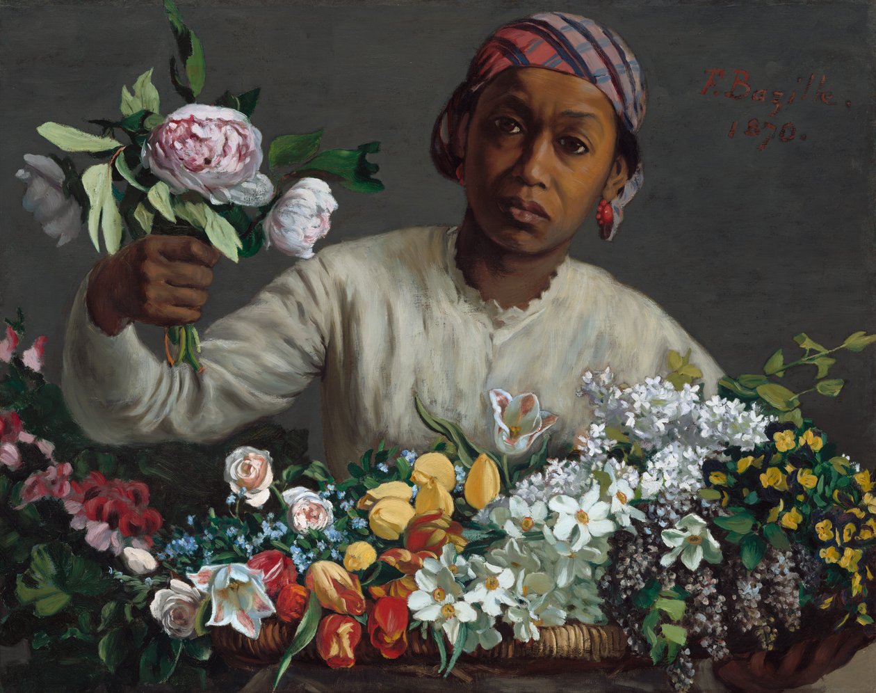 Ung kvinne med peoner, 1870. av Frédéric Bazille