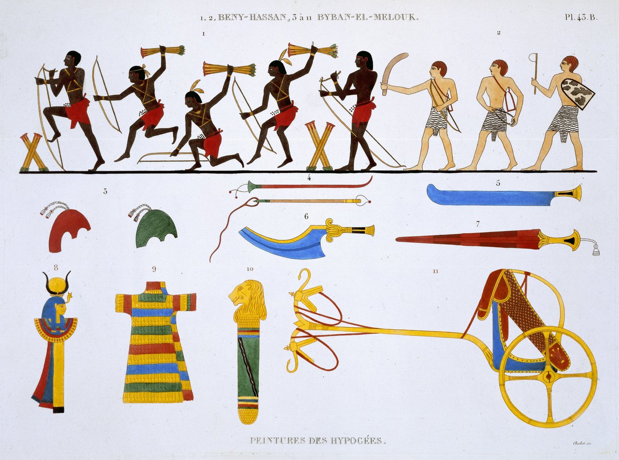 Archers of the Army and Military Items, fra en sjelden registrering av fresker fra Theben, registrert 1819-1822 på sitt andre besøk i Egypt av Frederic Cailliaud (1787-1869), farge litho av Frederic Cailliaud