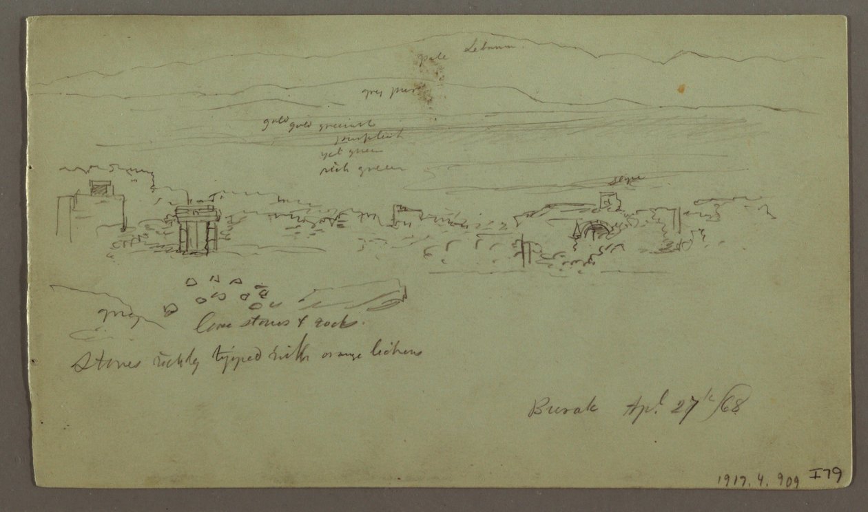 Tegning, steinblokker, hus, april 1868 av Frederic Edwin Church