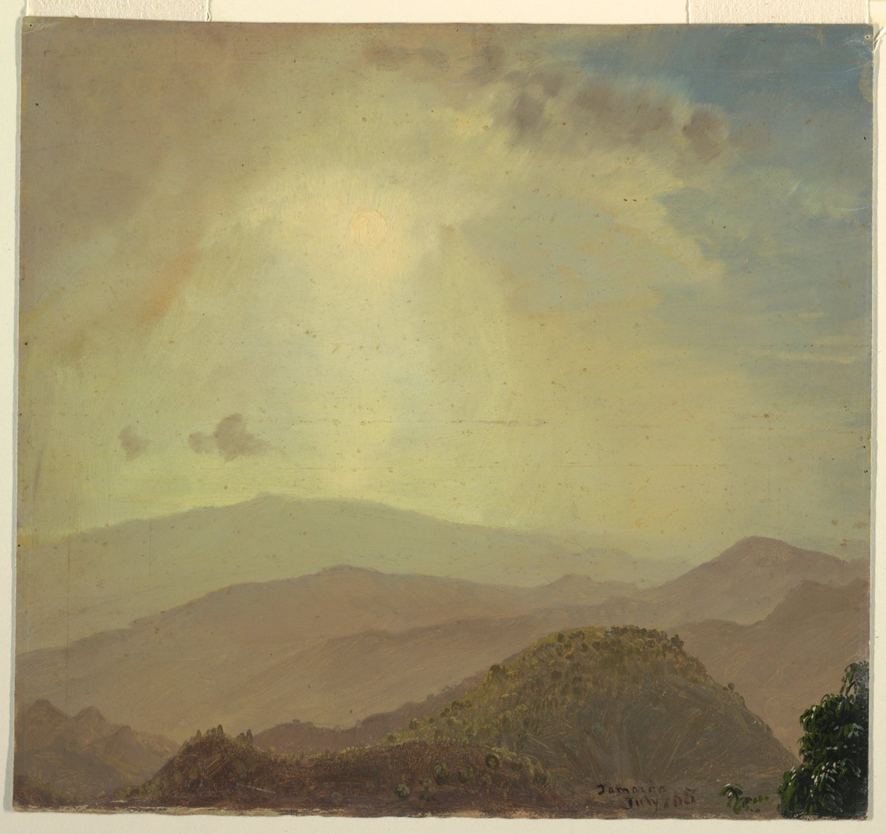 Tegning, bakketopp ved solnedgang, juli 1865 av Frederic Edwin Church