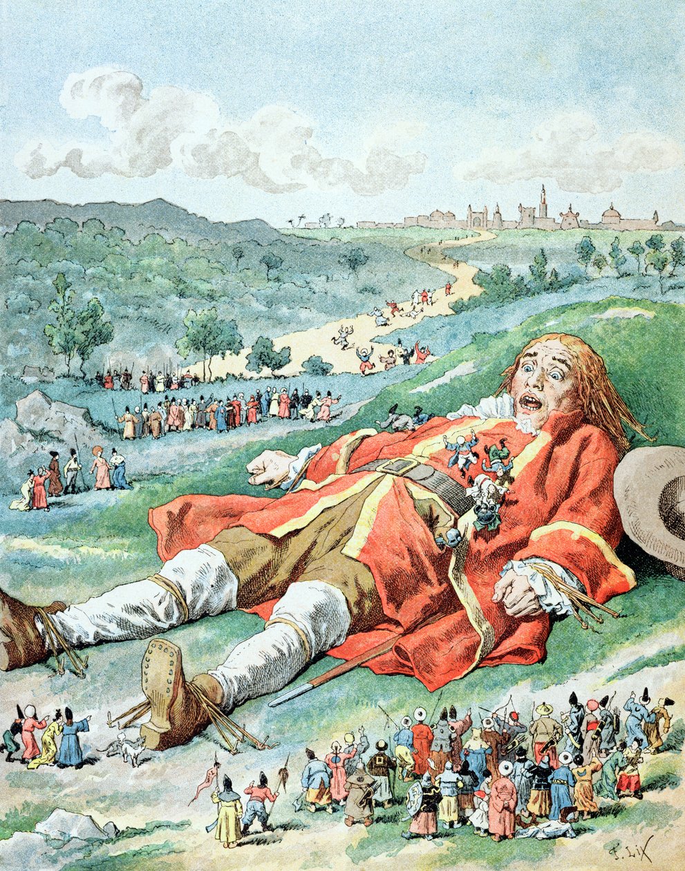 'Jeg fant armene og bena mine bundet til jorden...', illustrasjon fra 'Gullivers reiser' av Jonathan Swift (1667-1745) av Frederic Theodore Lix