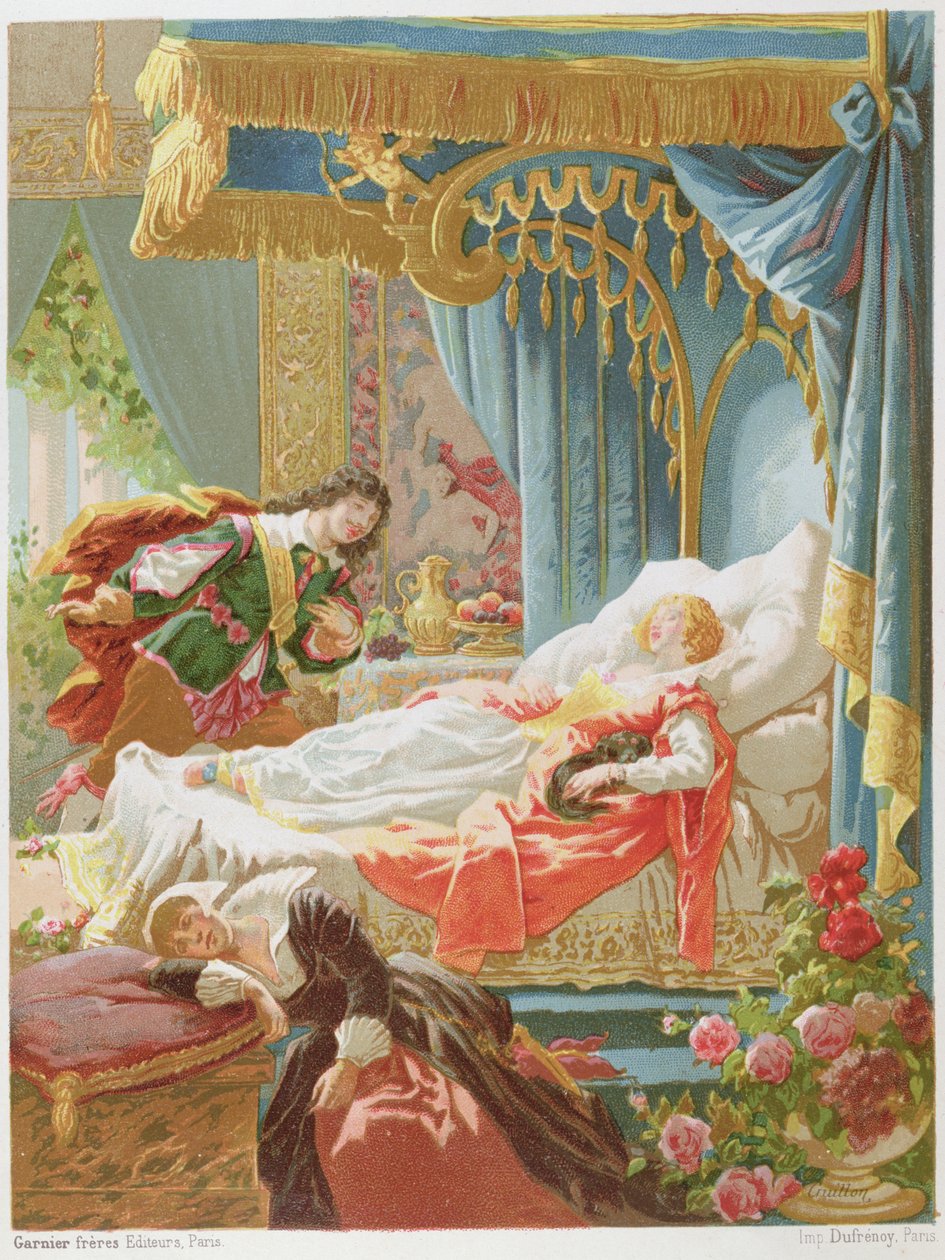 Tornerose og Prince Charming, illustrasjon fra en utgave av eventyrene til Charles Perrault (1628-1703) gravert av Cruillon, sent på 1800-tallet av Frederic Theodore Lix