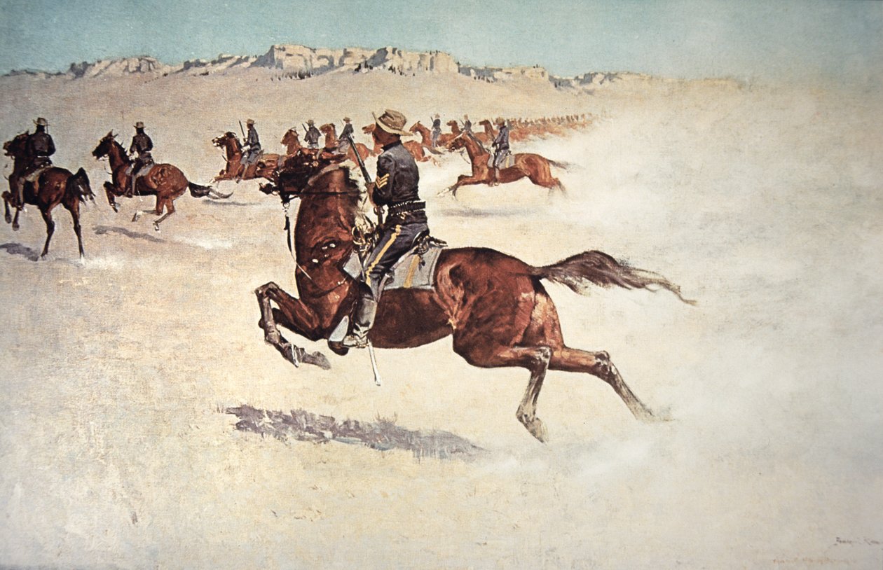 Buffalo Soldiers in Pursuit (farge litho) av Frederic (after) Remington