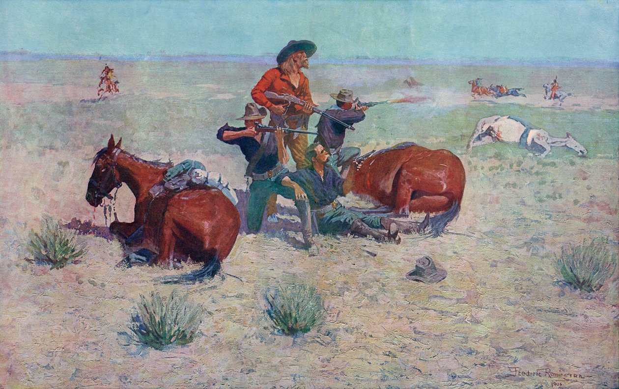 Indianere som angriper cowboyer. Frederic Remington. av Frederic (after) Remington