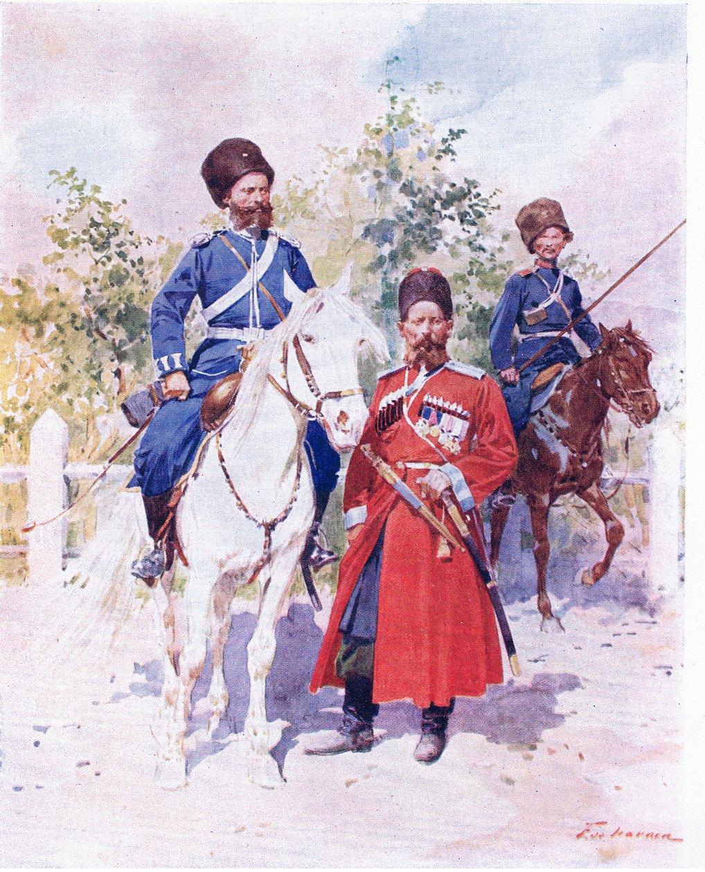 Russiske soldater ca. 1900 (farge litho) av Frederic de Haenen