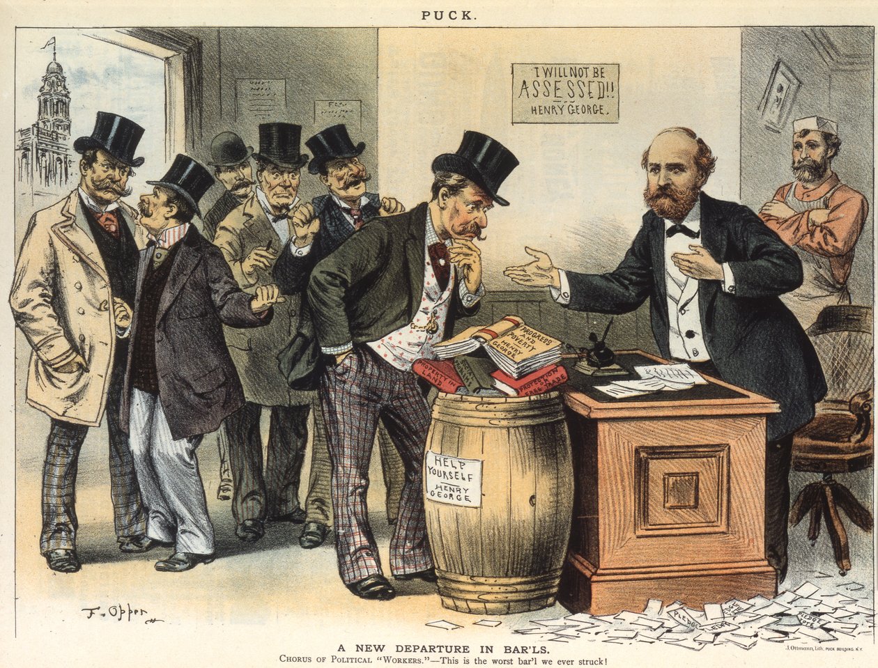 En ny avgang i Bar'ls; Chorus of Political Workers - Dette er den verste baren vi noen gang har truffet!, 1886 av Frederick Burr Opper