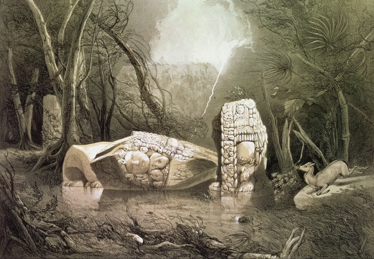 Ødelagt Maya-idol i Copan, Guatemala av Frederick Catherwood
