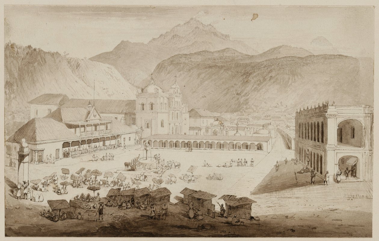City of Quezaltenango, Mellom-Amerika, 1840 (penn og blekk med vask på krempapir) av Frederick Catherwood