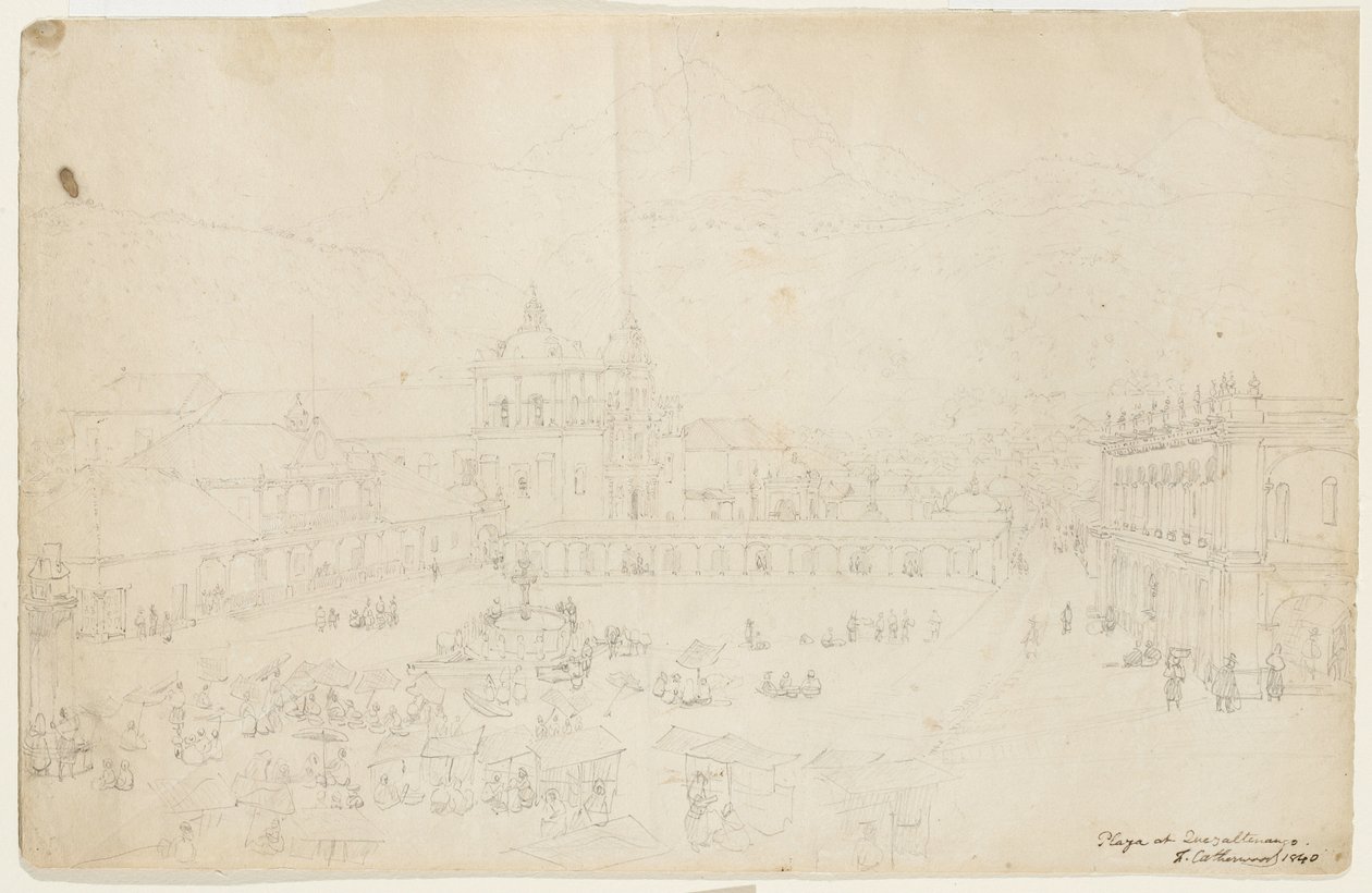 Plaza ved Quezaltenango, 1840 (grafitt på kremvevd papir) av Frederick Catherwood