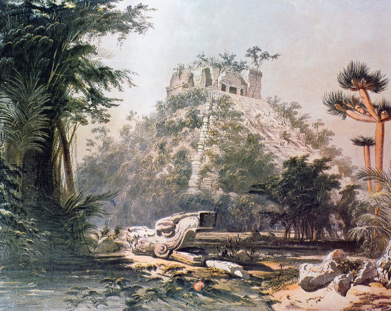 Utsikt over El Castillo, 1844 (farget litho) av Frederick Catherwood