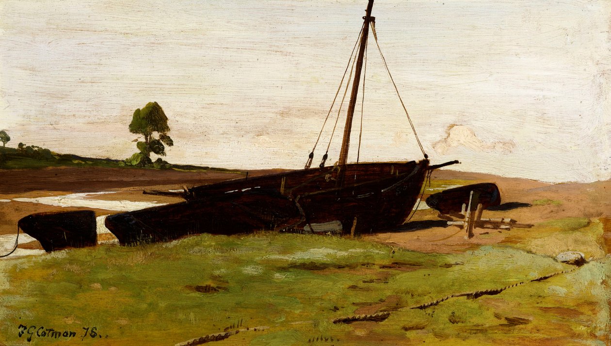 Strandede båter, Porlock Weir, 1879 av Frederick George Cotman
