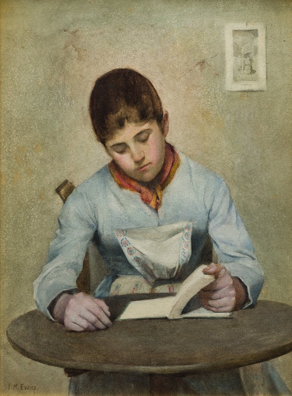 Jente sitter og leser (wc på papir) av Frederick James McNamara Evans