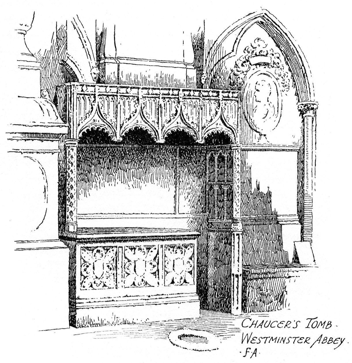 Chaucers grav, Westminster Abbey, London, 1912. av Frederick Adcock