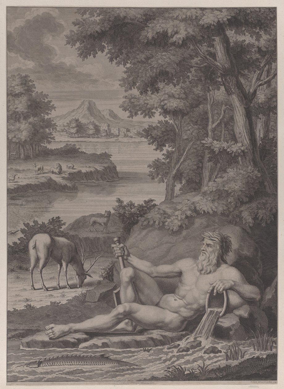 Elvegud i et landskap, 1725. av Frederik Ottens