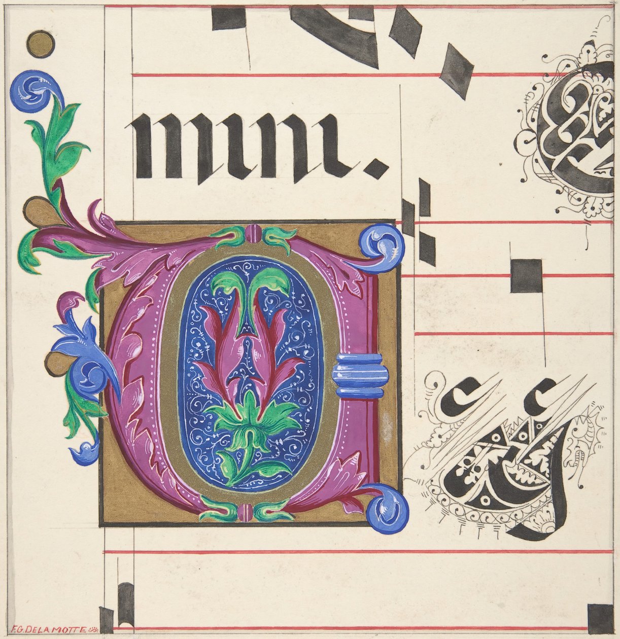 Opplyst initial fra salmebok, 1830-62. av Freeman Gage Delamotte