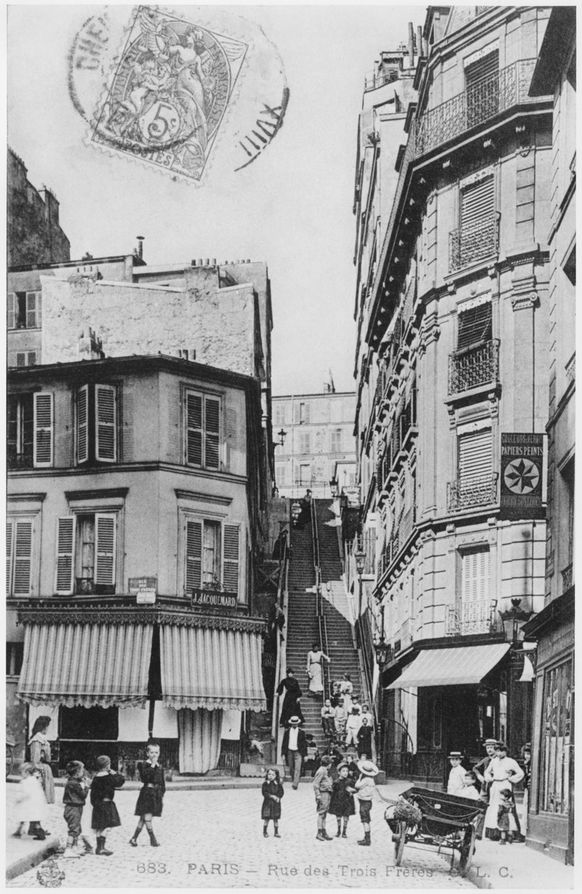 Postkort som viser Rue des Trois Freres i Paris, ca. 1900 av French Photographer