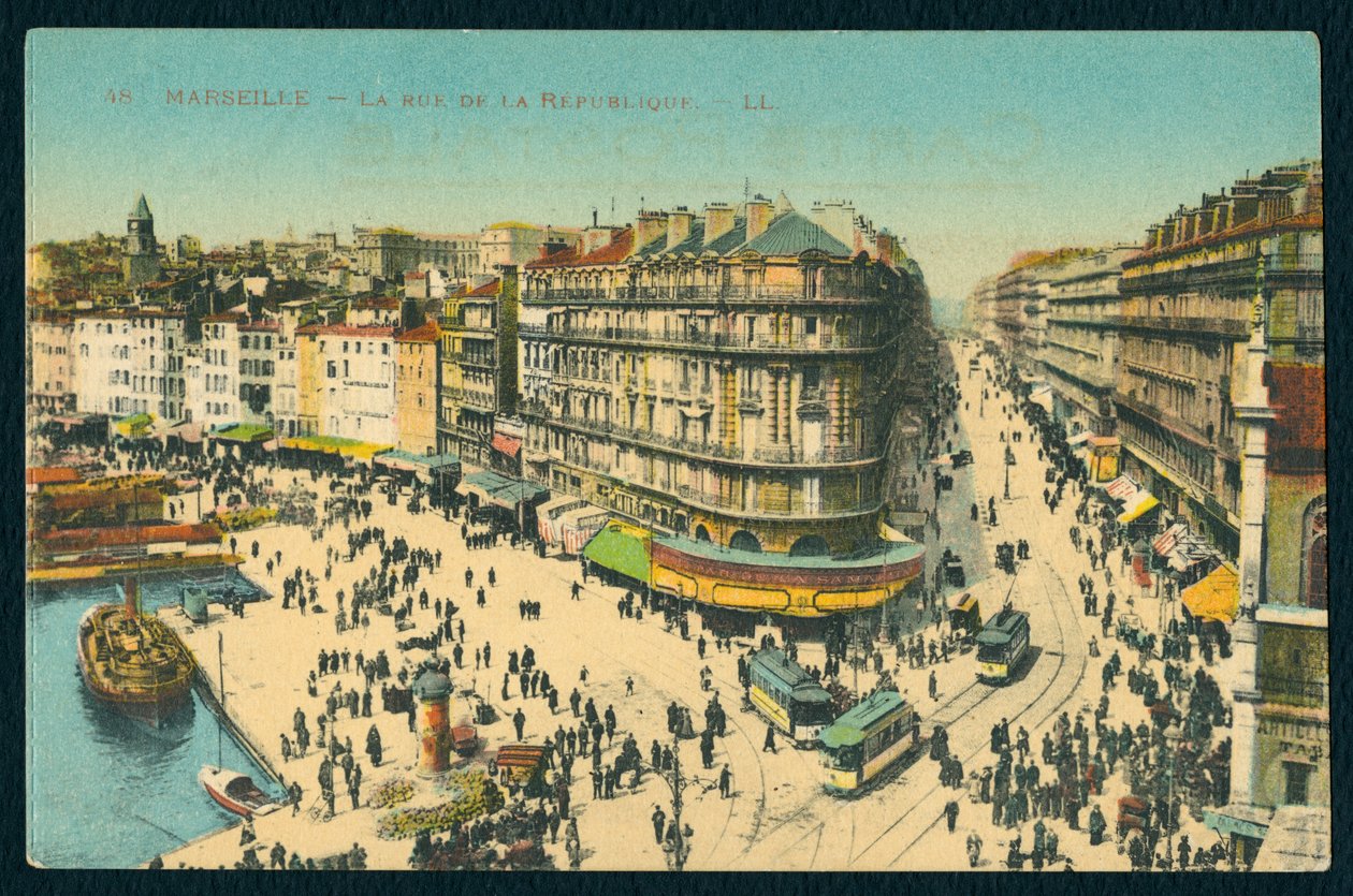Postkort som viser Rue de la Republique i Marseille, Frankrike, ca. 1920 (farget bw-foto) av French Photographer