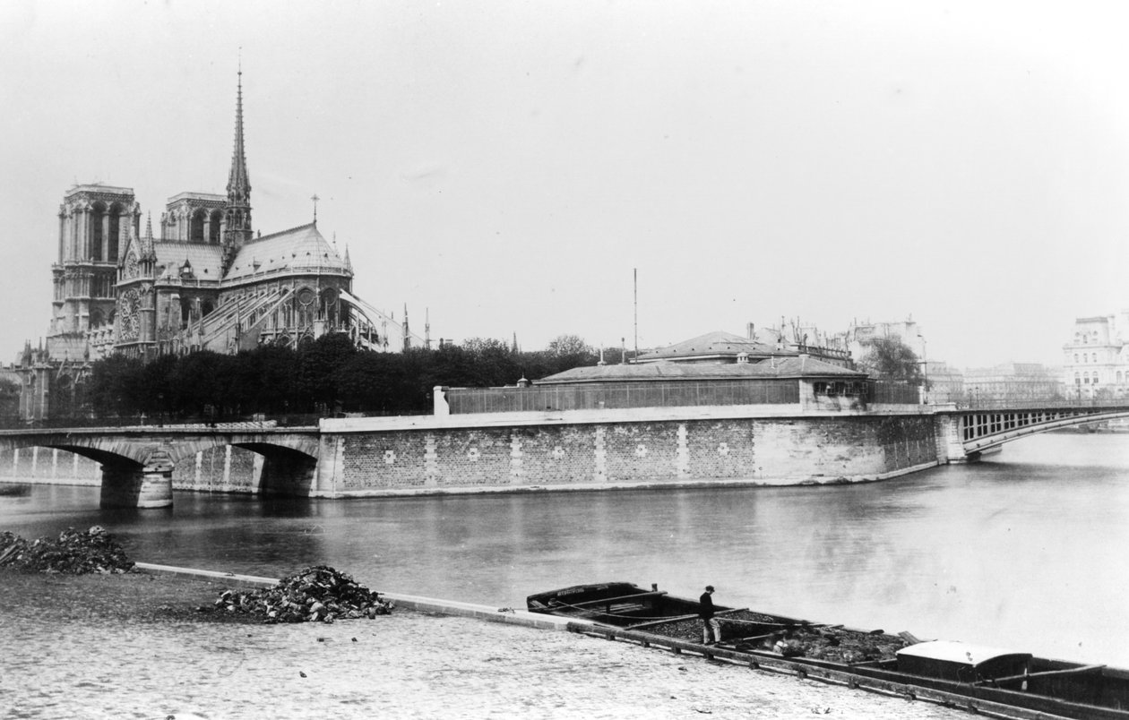 Utsikt over katedralen Notre-Dame i Paris, Quai de la Tournelle og elven Seinen, ca. 1900 av French Photographer