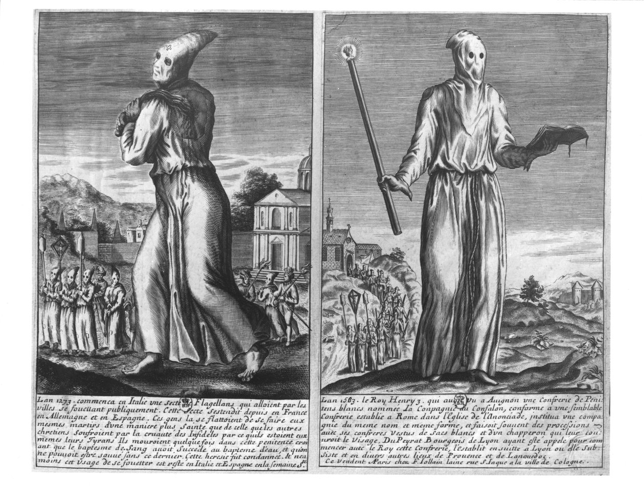 En Flagellant-mester leder sin gruppe av følgere gjennom en by, fra 'The Chronicles of Chivalry', 1583 av French School
