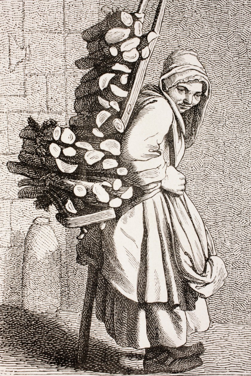 En kvinne som bærer ved for å selge i Paris fra 1700-tallet, 1875 av French School