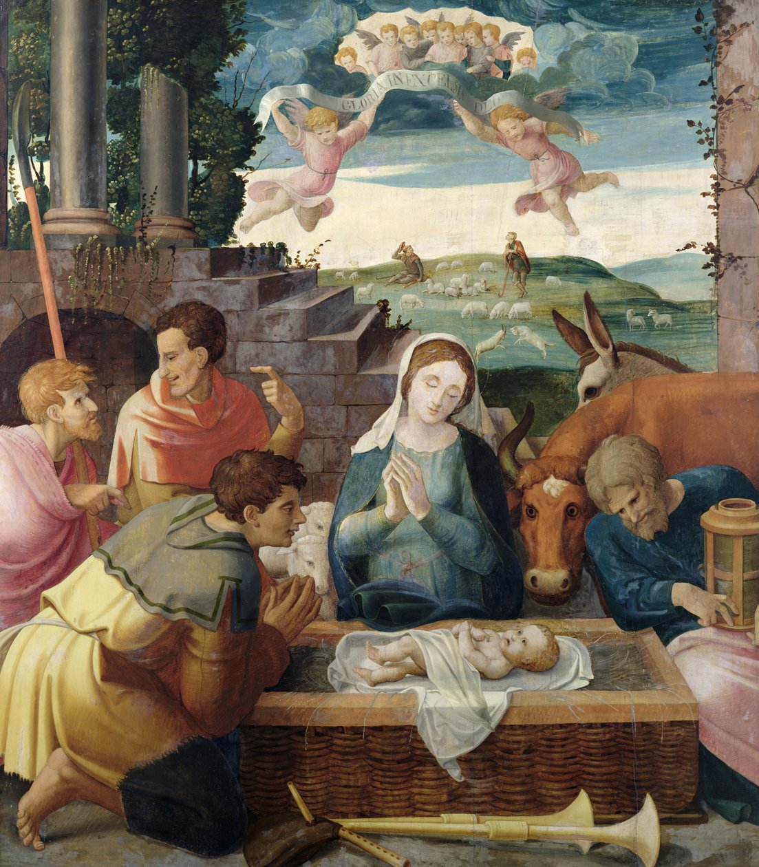 Tilbedelse av hyrdene, Champagneskolen, ca. 1520-30 av French School