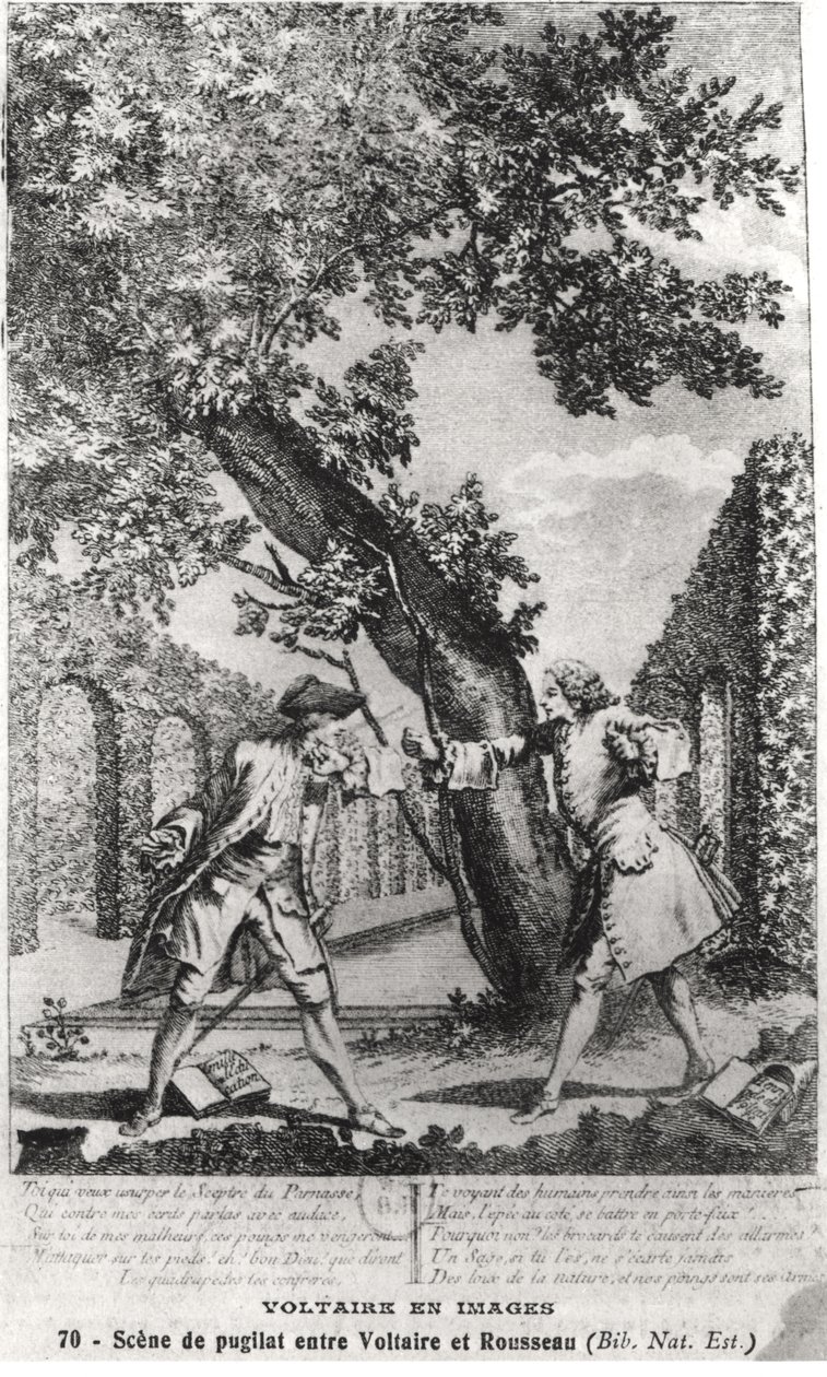 Argument mellom Jean-Jacques Rousseau (1712-78) og Voltaire (1694-1778) av French School