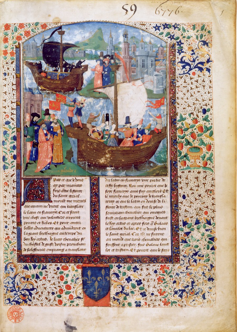 B.N.Ms. Fr 103 f.1 Tristan og Iseult forlater Irland; Tristan drikker trylledrikken; likene til Tristan og Iseult blir brakt hjem til Irland, oversatt av Luce de Gast av French School