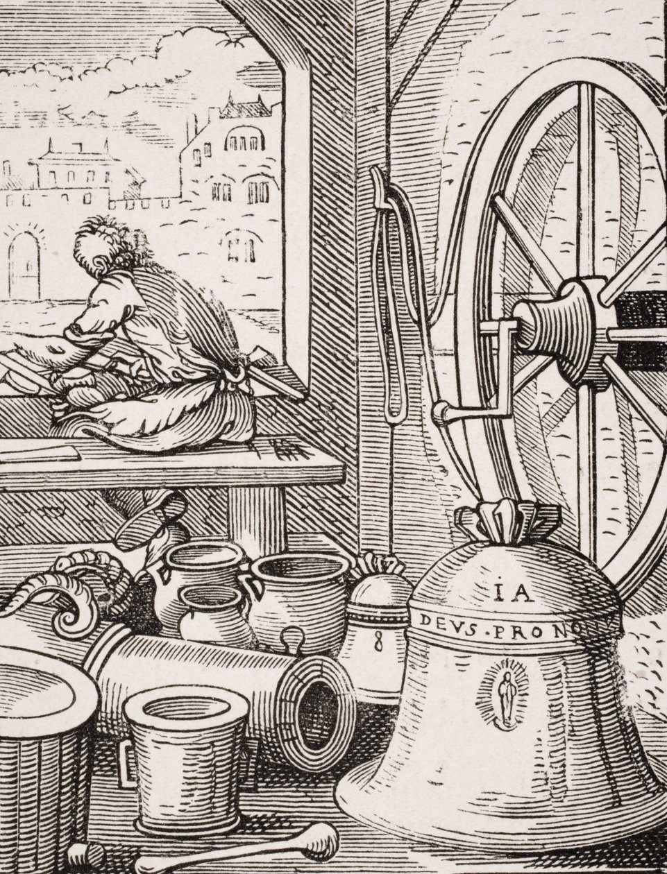 Bell and Cannon Master, reproduksjon av et tresnitt av Jost Amman (1539-91) fra 'Le Moyen Age et La Renaissance' av Paul Lacroix (1806-84) utgitt 1847 av French School