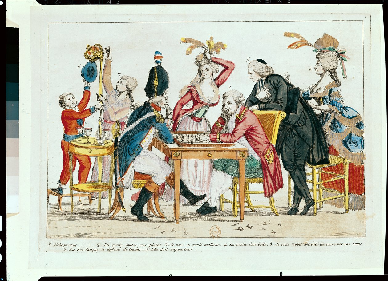 Karikatur av Louis XVI (1754-93) som spiller sjakk med en soldat fra nasjonalgarden av French School