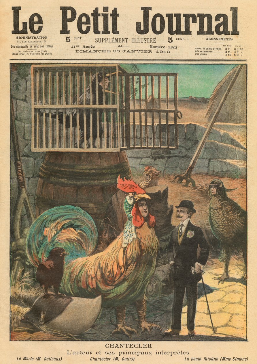 'Chantecler', forfatteren Edmond Rostand og hans hovedskuespillere, illustrasjon fra 'Le Petit Journal', tilleggsillustre, 30. januar 1910 av French School