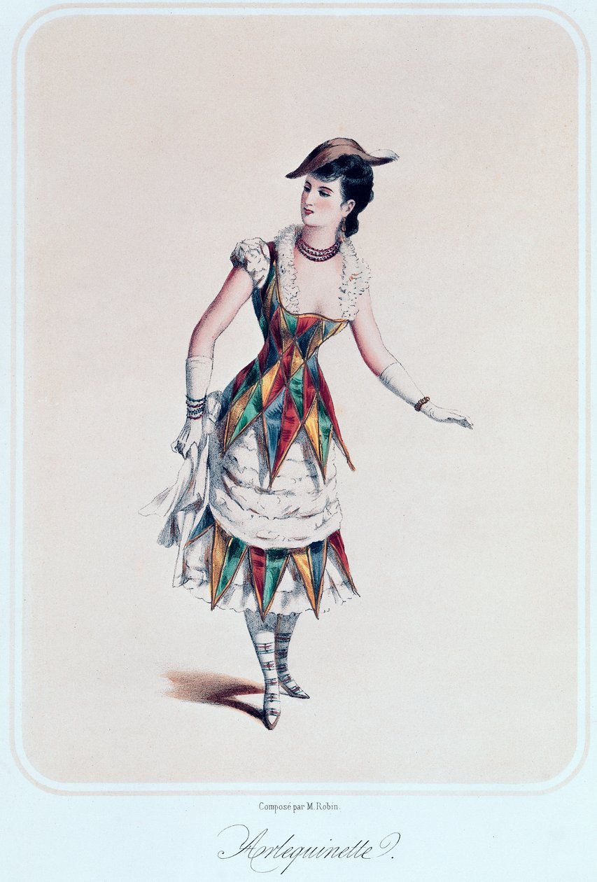 Kostymedesign for en kvinnelig harlekin, ca. 1880 av French School