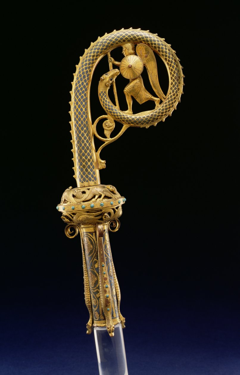 Crozier Head: Saint Michael and the Dragon, 1210-25 (forgylt kobber med champleve-emaljering) av French School