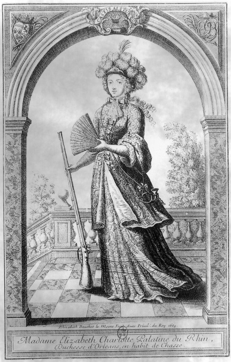 Elizabeth Charlotte av Pfalz, hertuginne av Orleans, i jaktdrakt, 1689 av French School