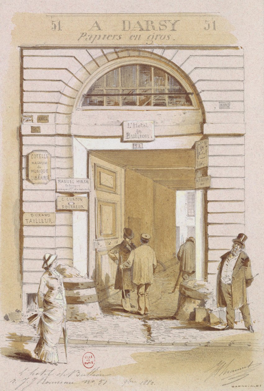 Inngangen til Hotel Bullion, 57 rue Jean-Jeacques Rousseau, Paris, 1880 (wc på papir) av French School