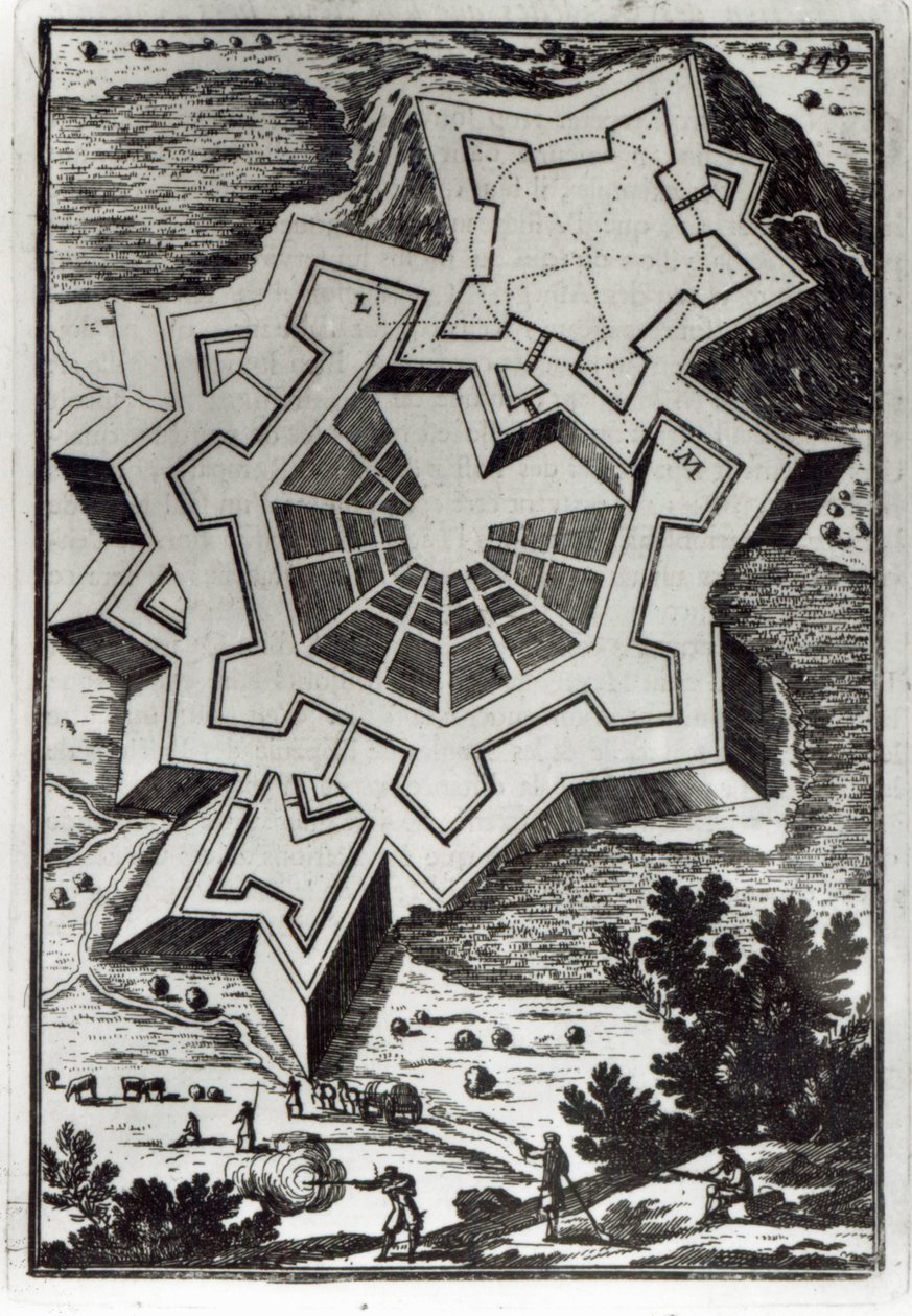 Figur LXI, fra 'Les Travaux de Mars, ou L'Art de la Guerre' av AM Mallet, 1684 av French School