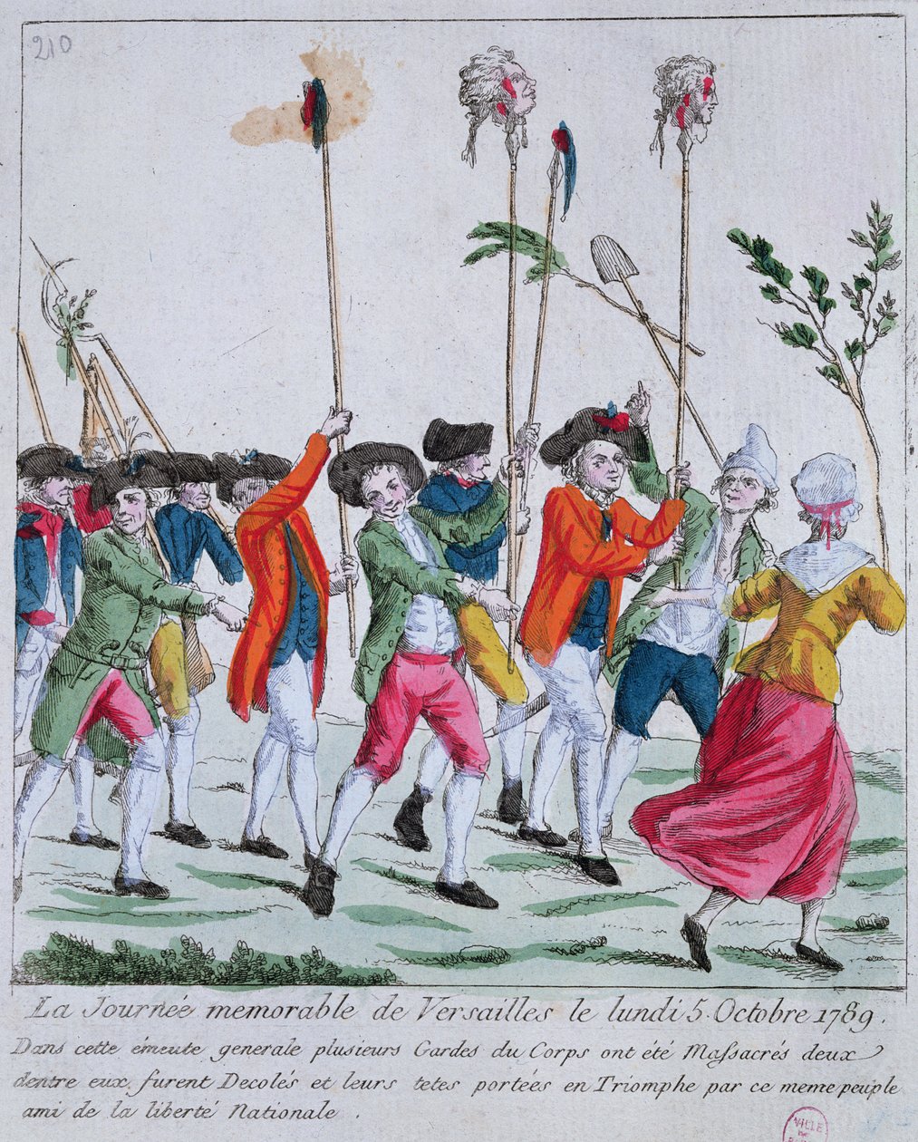 Hoder av to av Kings-vaktene drept 5. oktober 1789 i Versailles av den parisiske mobben blir båret i triumf til Paris av French School