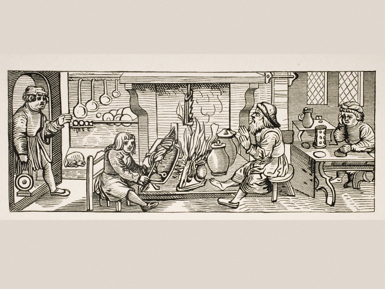 Interiør i et kjøkken, etter et tresnitt i Calendarium Romanum av Jean Staeffler, trykt Tubingen, Tyskland, 1518, fra Le Moyen Age et La Renaissance av Paul Lacroix (1806-84) utgitt 1847 av French School