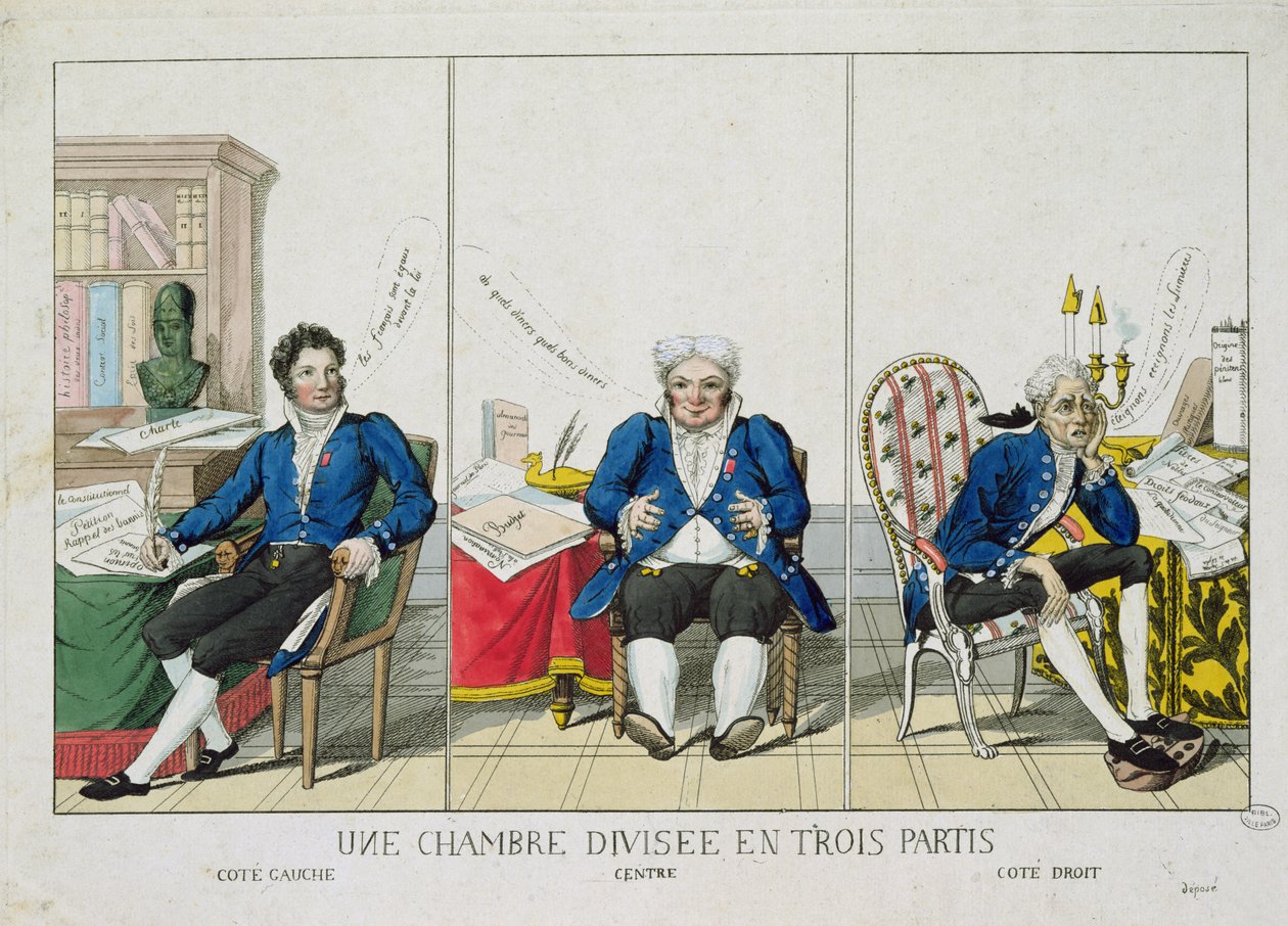 Huset delt inn i tre partier, karikatur av nasjonalforsamlingen, 1819 av French School